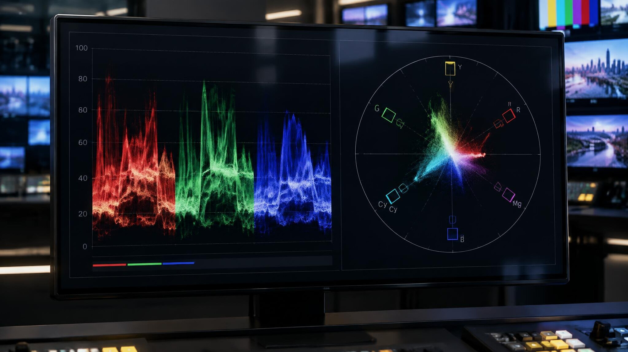 Monitor displaying waveform and signal data in a control room