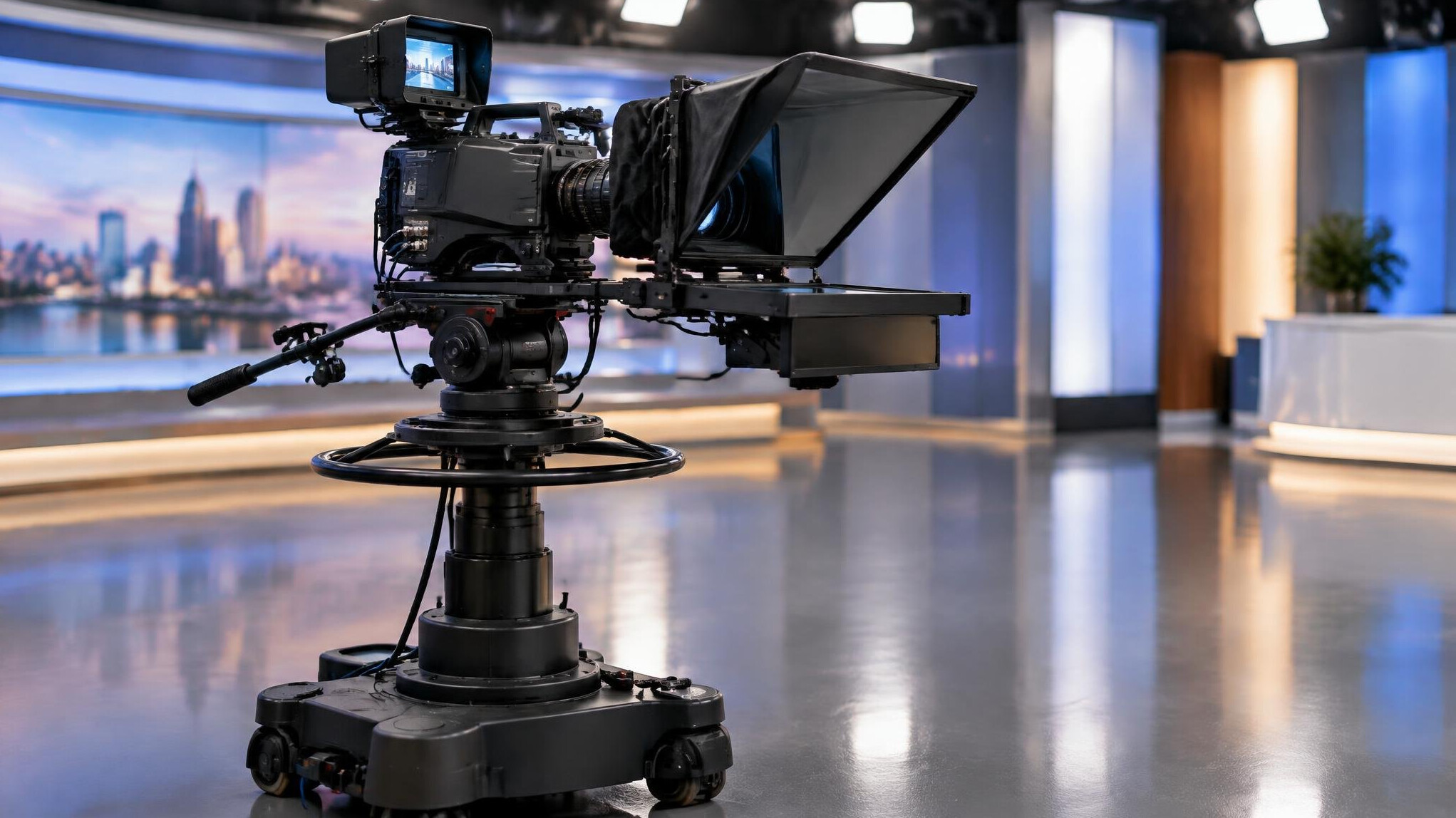 Broadcast studio camera on a pedestal with teleprompter